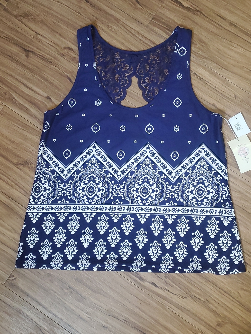 Sleeveless Navy Blue Lace-Back Printed Tank Top